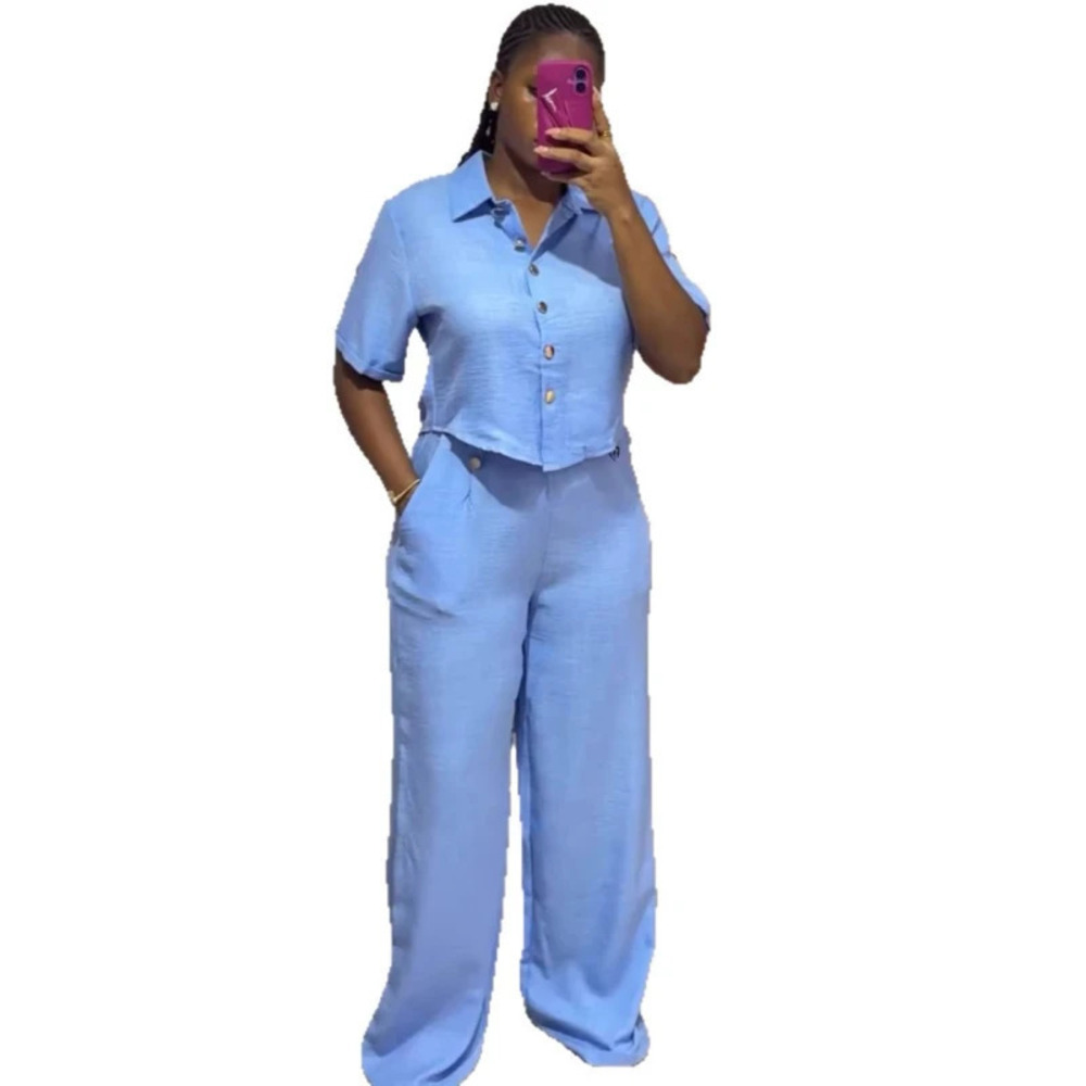 ZARA African Casual Short Sleeve Button Down Shirt High Waist Maxi Pants Set
